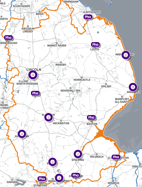 Map of Lincolnshire showing where you can get the flu vaccine