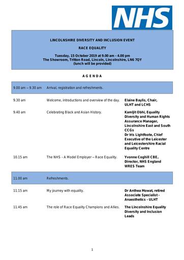 Agenda   Equality and Diversity Event   Lincolnshire's Hidden Voices   Race Equality   15 October 2019