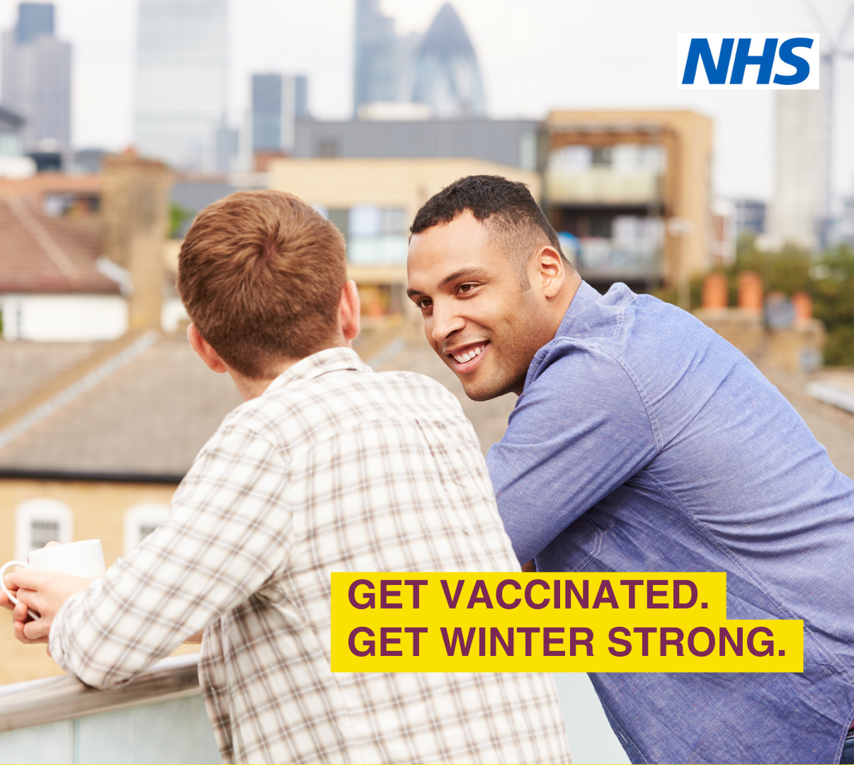Two men talking to each other. text reads. Get vaccinated. Get winter strong.